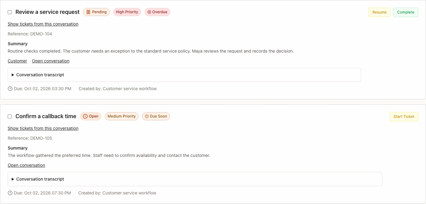 CRM ticket queue with a pending service review and an open callback, including priorities, due times, summaries and conversation links.